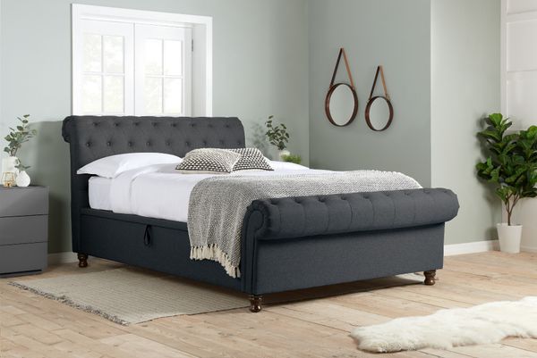 Castello Side Opening Ottoman Bed, Castello Grey Sleigh Fabric Bed Frame