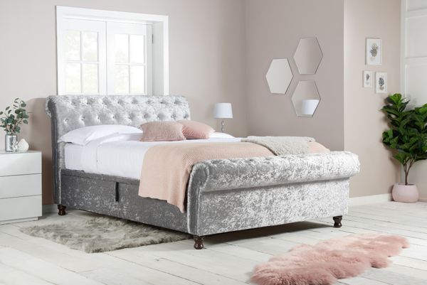 Castello Side Opening Ottoman Bed, Castello Grey Sleigh Fabric Bed Frame