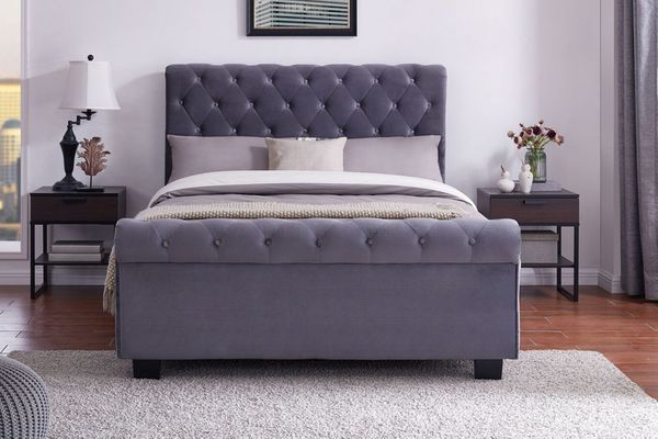 Oregon Plush Grey Velvet Sleigh Bed