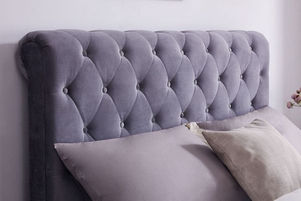 Oregon Plush Grey Velvet Sleigh Bed