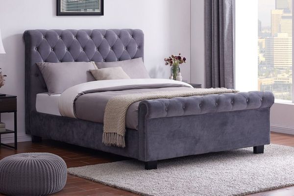 Oregon Plush Grey Velvet Sleigh Bed, Grey Sleigh Bed King Size